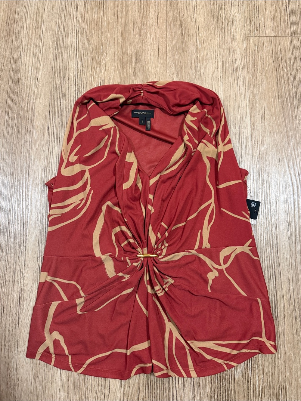 Donna Karan Red and Tan Knot-Front Sleeveless Blouse
